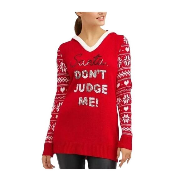 No Boundaries Women’s Hoodie Sweater Red “Santa Don’t Judge Me !” Sequins XL - Picture 1 of 6